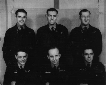 1. Crew Photo - May 1944. Front (L-R): P/O John Goldsmith, navigator. P/O Brad Bradshaw, pilot. Sgt. Skids Brakes, engineer. Back: Sgt. Bob Wright, wireless operator. Sgt. Jack Cavanaugh, rear gunner. Sgt. Butch Sutcliffe, mid-upper gunner. Missing: Jock Gunn, bomb aimer.