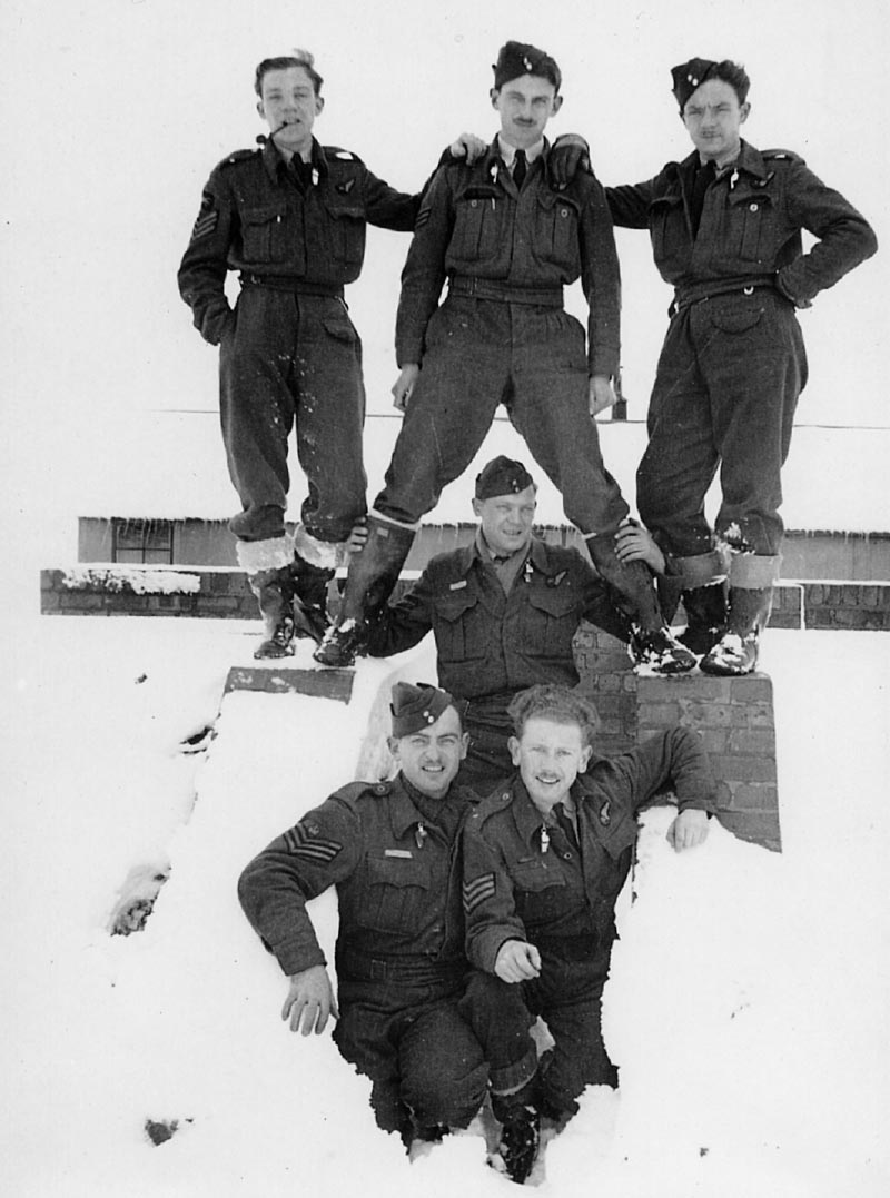 1. Crew of ND-641 - 1944. Standing L-R: Sgt. Percival Simpkin, Sgt. John Lavender, Sgt. Wilfred Broadmore. Middle: Sgt. Harry Nixon. Kneeling: W/O Frank Magee, Sgt. William Clark