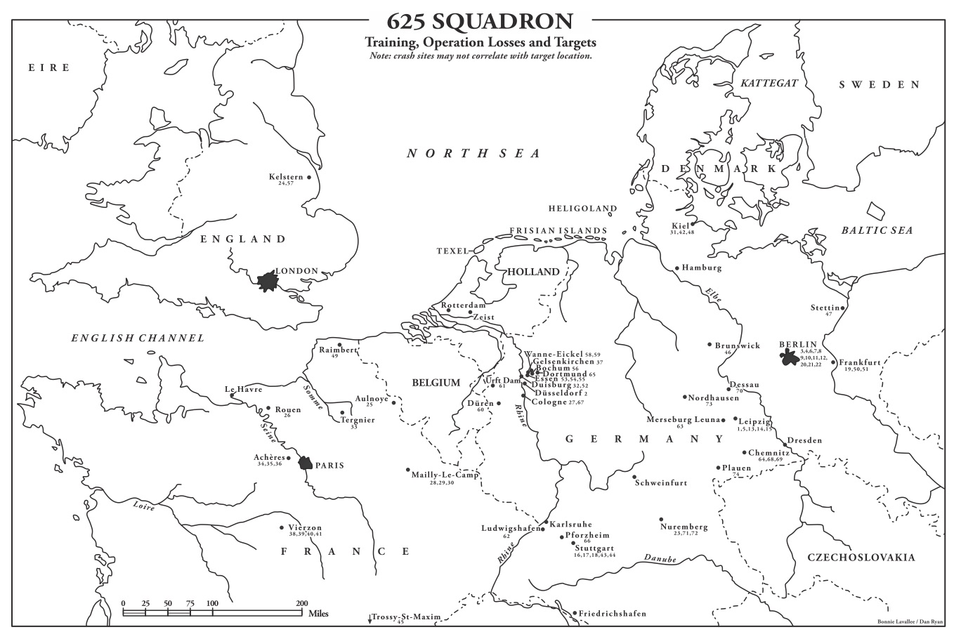 Map of 625 Squadron Training, Operational Losses and Targets