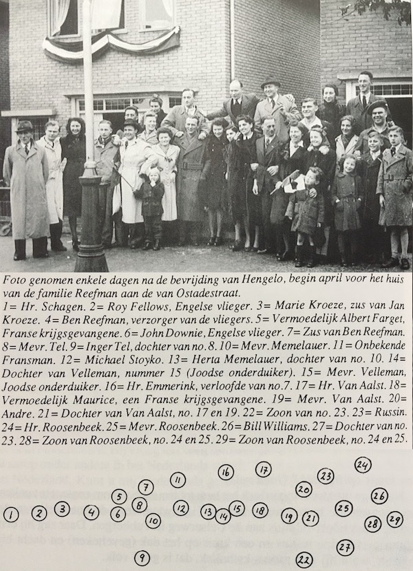 Photo taken several days after the liberation of Hengelo, at the beginning of April in front of the Reefman family home. Numbers correspond to the names below the photo. 1-29. Courtesy of M. Klaassen.